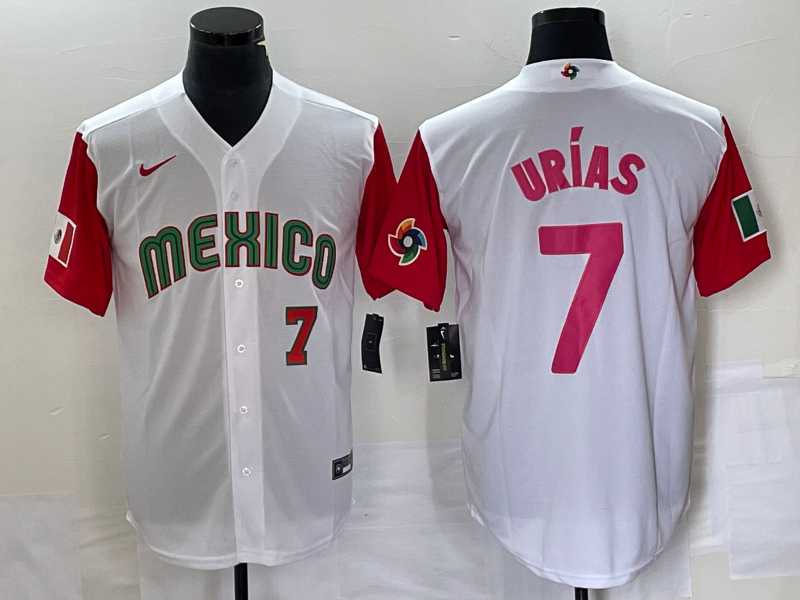 Men%27s Mexico Baseball #7 Julio Urias Number 2023 White Red World Classic Stitched Jersey26